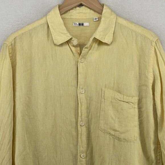 UNIQLO Shirt Mens L 100% Premium Linen Lightweight Button Up Long Sleeve Yellow - Picture 4 of 13